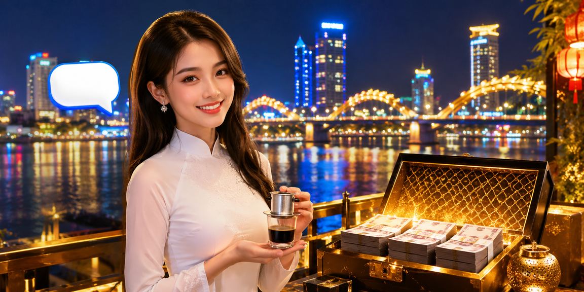Người phụ nữ Đà Nẵng mặc áo dài sử dụng điện thoại để theo dõi giao dịch tài chính trực tuyến
